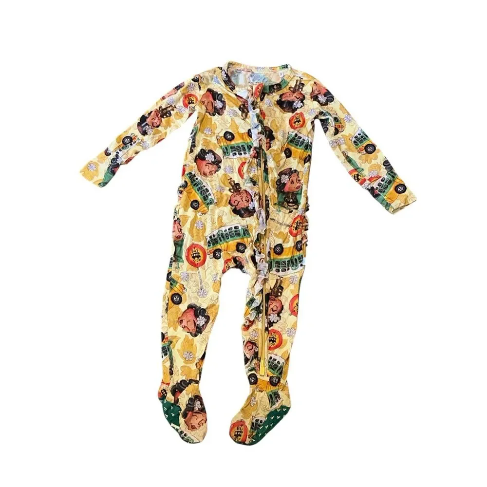 Beautiful Posh Peanut graphic bus design Bamboo Zip-Up Footed Pajamas Ruffle Bab